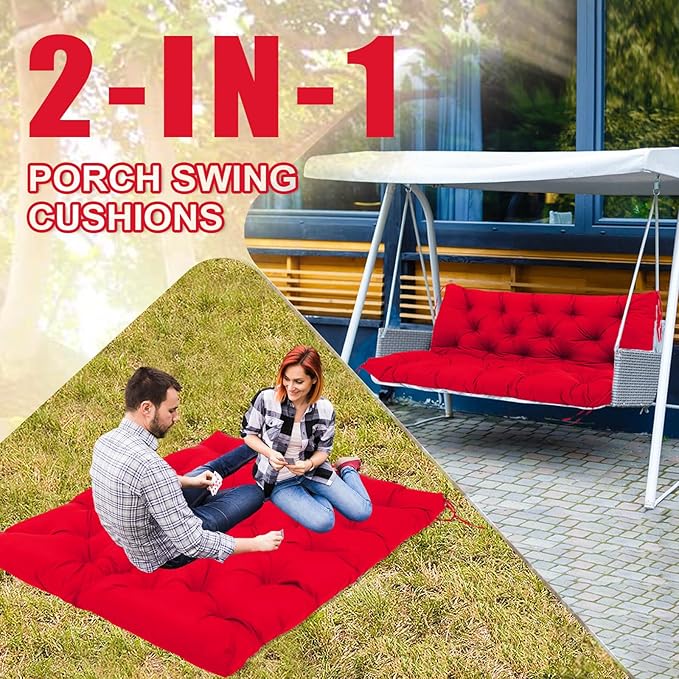 Extra Thick 5" Waterproof Porch Swing Cushions Outdoor 48 inch Swing Cushions 2-3 Seater Replacement with Backrest and Ties for Outdoor Furniture Patio Bench Garden (Bright red)