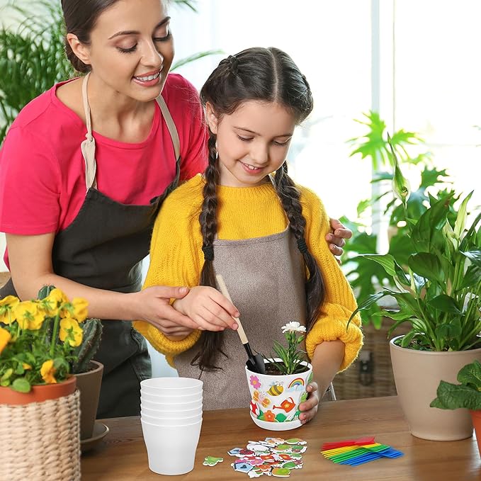 Elcoho 24 Packs Garden Plastic Pot Craft Kit Plant Spring Craft Kits for Kids Flower Pots with 150 Foam Stickers 36 Labels 24 Certificate of Awards 3 Tools Planting Growing Kit for Kids