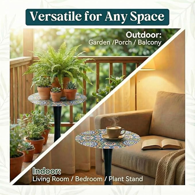 Simmer Stone 13.4" Outdoor Side Table, Round Patio Bistro Table Printed Tempered Glass Top, Waterproof Rust-Proof Base, Small Plant Stand for Balcony, Garden, Deck, 21.6" H (Morocco)