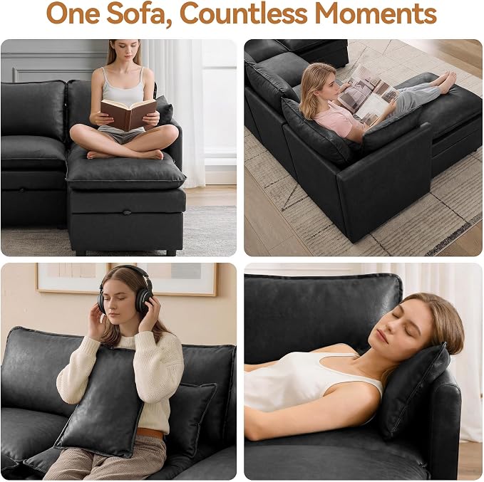 80" Storage Modular U-Shape Sofa Faux Leather with 2 Ottomans,Black