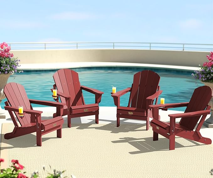 SERWALL Folding Adirondack Chair Outdoor Adirondack Chairs with Cup Holder Weather Resistant Fire Pit Chairs for Patio - Red