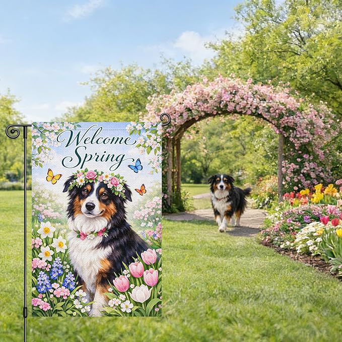 Heyfibro Welcome Spring Garden Flag 12x18 Inch Double Sided Australian Shepherd Dog Garden Flag Small Yard Flags for Outside House Farmhouse Seasonal Spring Outdoor Decorations