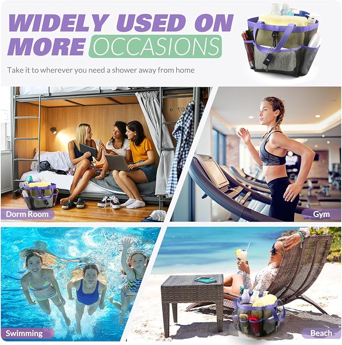 LOYEE Mesh Shower Caddy Portable for College Dorm Room Essentials with 8 Pockets, Shower Bag for Beach, Swimming, Gym, Travel, Bathroom(Purple)