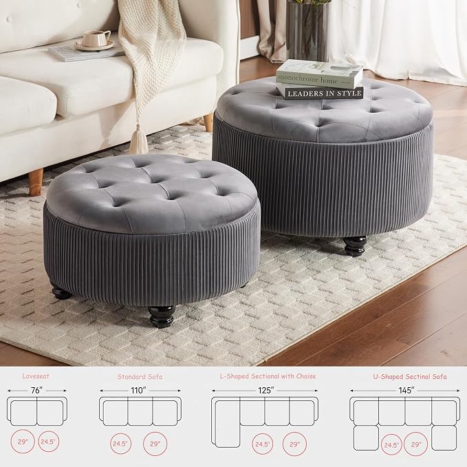 Round Storage Ottoman Coffee Table Set of 2, Gray, 29'' & 24.5''