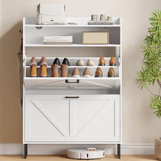 Xixini Shoe Storage Cabinet with 2 Flip Drawers, Entryway Shoe Rack, White