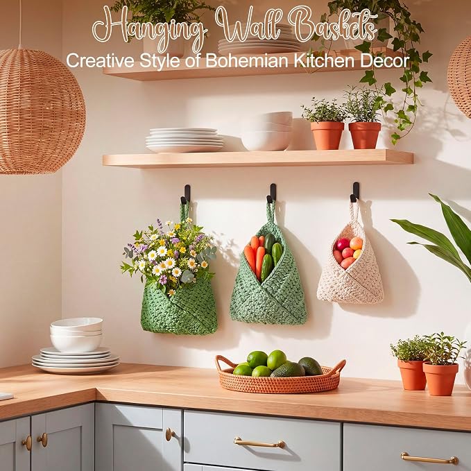Honeydak 3 Hanging Baskets, Sage Color Palette, Triangle, Cotton Rope | Wicker Wall Baskets with Hooks for Fruit Vegetable Onion Storage, Teardrop Organizer for Kitchen, Boho Farmhouse Decor