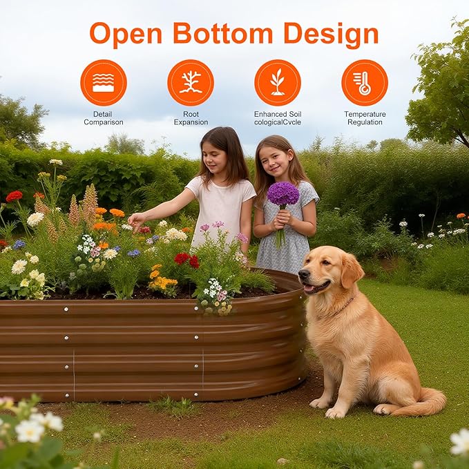 Rakukiri Raised Garden Bed Outdoor 2 Sets Oval Large Coating Metal Planter Box with No Heavy Metal for Vegetables, Flowers, Herbs