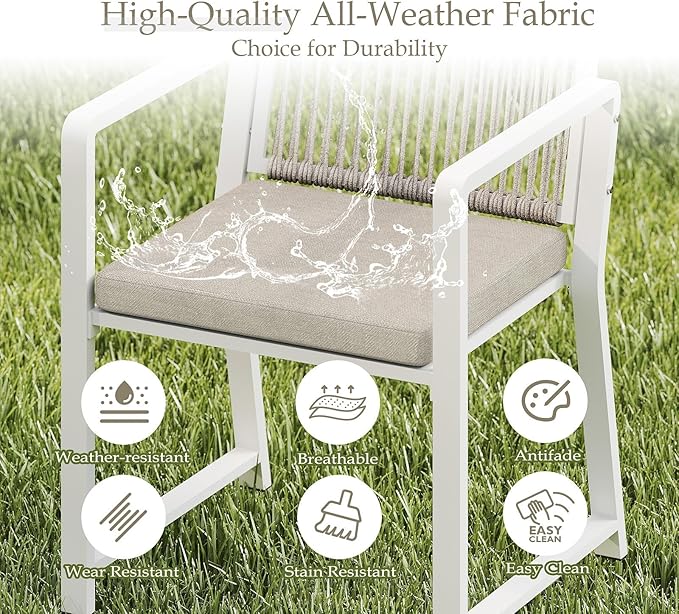 Outdoor Patio Wicker Rattan Dining Chairs, Heavy-Duty Wrought Iron Frame Supports 300lbs, Ergonomic Backrest, Detachable Breathable Cushion, for Garden & Porch, White, Set of 8