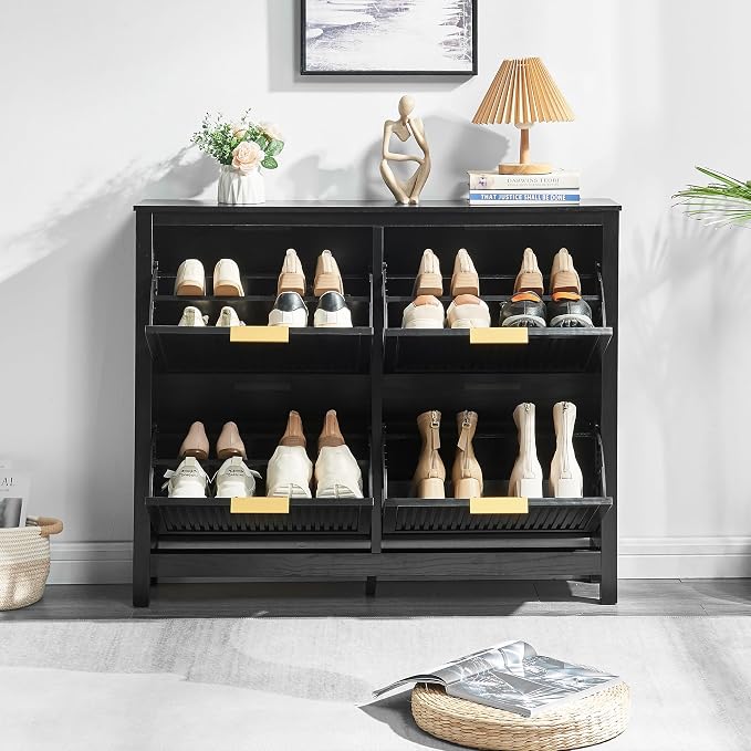 4-Flip Drawer Shoe Cabinet Narrow Entryway Rack, Black