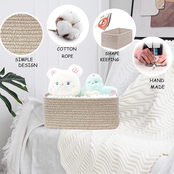 COMFY-HOMI 13" x 8.5" x 5.1" Storage Baskets for Organizing | Cotton Rope Woven Basket | Toy Storage Bin Box | Basket for Shelves, Closet Organizer Bin, Decorative Closet Shelf, 3 Pack