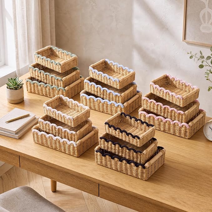 3 Pcs Paper Rope Storage Basket with Wooden Handles Scalloped Toilet Paper Organizer Bathroom Wicker Basket Organizer for Bathroom Countertop Living Room Home Decor (Sage Green)