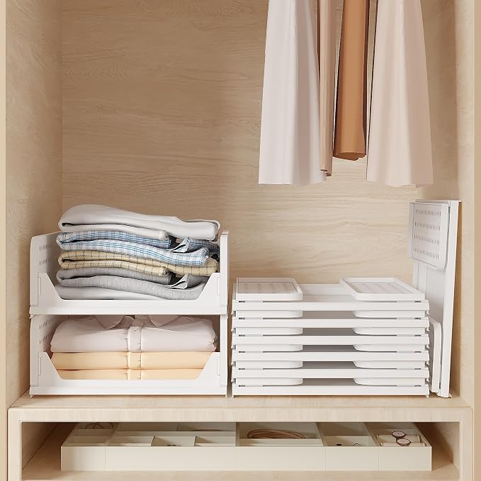 VECELO 4 Pack Plastic Closet Shelf Organizer, Stackable Sweater Storage Closet Drawers, Foldable Wardrobe Organizer, Easy Assembly, Durable and Space Saving for Closet, Bathroom, Kitchen, Gray