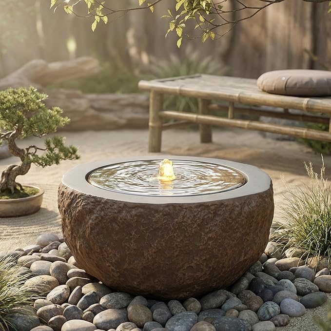 Sunnydaze Outdoor Water Fountain with LED Light - Polystone Round Bowl Bubbler Water Feature with Pump - 9.5" H - for Patio, Garden, Deck, Relaxation and Stress Relief - Brown