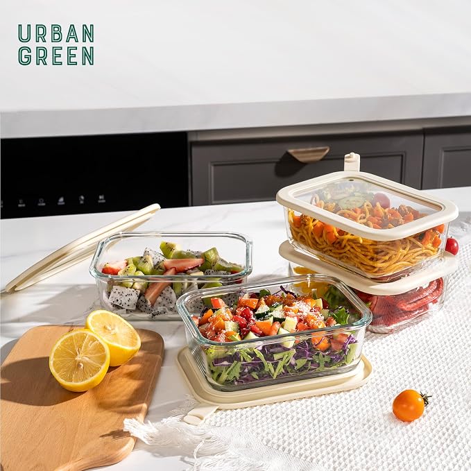 Urban Green Glass Food Storage Containers with Glass Lids, Microwave Safe Food Container Set, Aitight Meal Prep Container Set, LeakProof, 100% Plastic Free, 5 Pack