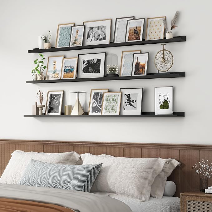 Axeman Picture Ledge Shelf, 72 Inch Black Floating Shelves Set of 3