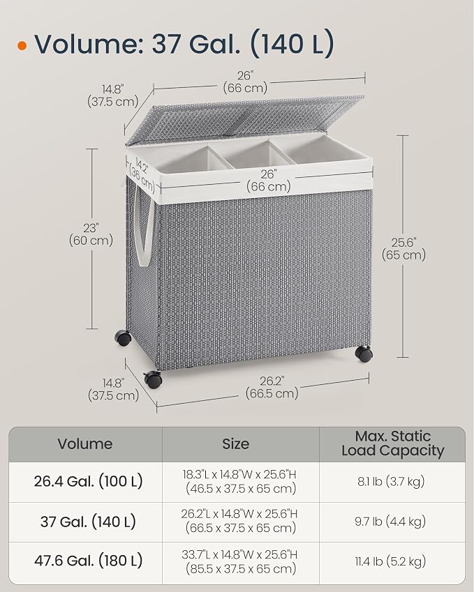 SONGMICS HOME Laundry Hamper with 3 Section, 140 L, Rattan, with Wheels | Rolling Clothes Basket with Lid, Removable Liner with Handles, Gray and Black, PEZZO Collection ULCB602G01