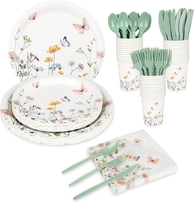 175 Pcs Wildflower Paper Plates and Napkins 25 Guests Spring Summer Floral Arrangements Tableware Party Supplies Set for Mothers Day Baby Shower Wedding Birthday Garden Tea Party