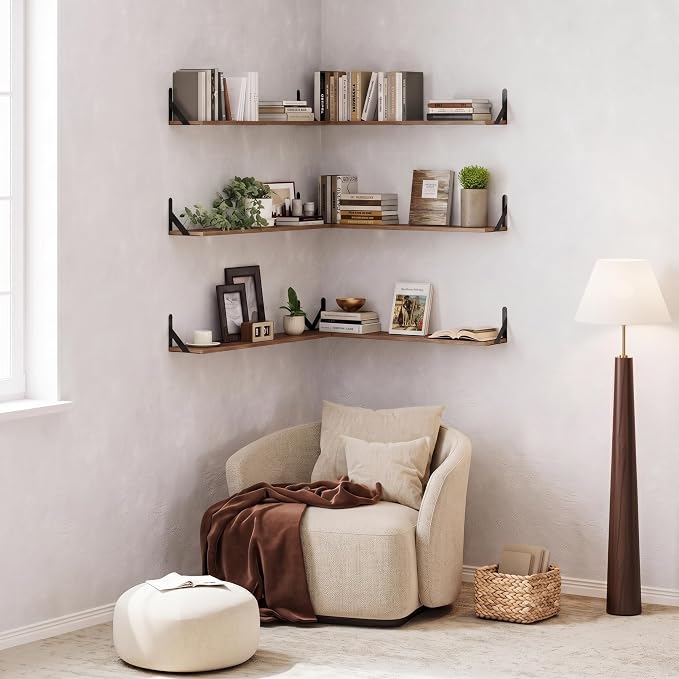 WOPITUES Long Wall Shelves 40″W x 8″D, Floating Book Shelves Max Load 65lbs | Wall Mounted Wood Shelf Storage, Metal Brackets, Bedroom/Living Room/Laundry Room/Kitchen/Pantry Decor, Brown, Set of 3