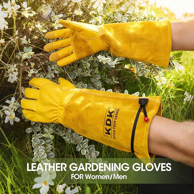 KDK Long Cowhide Gardening Gloves for Women Men, Thorn Proof Garden Gloves for Rose Pruning, Cactus Heavy Duty Gauntlet