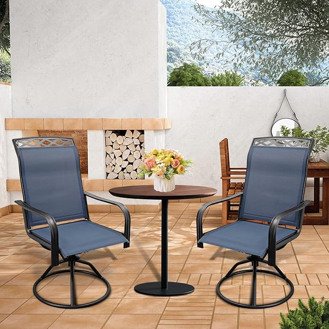 SHGJ&SOFT Patio Swivel Chairs, Waterproof Outdoor Dining Chairs with All-Weather Textilene Mesh for Deck, Garden, and Backyard (Patterned Backrest-Blue, Set of 2)