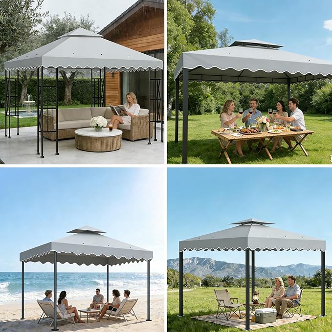 10x10 Double Tiered Gazebo Replacement Canopy, Upgraded 300D Polyester Heavy Duty Canopy Cover Top with Air Vent, Waterproof Gazebo Cover Roof for Outdoor Patio Garden(Grey, Wavy Edge)