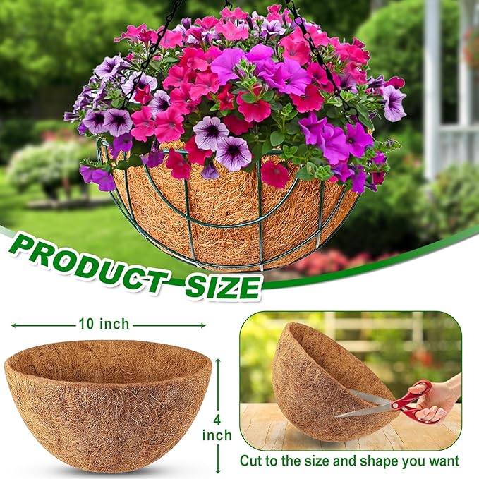 REMIAWY Hanging Basket Coco Liners, Coconut Planter Basket Liners 6 Packs 10 Inch 100% Natural Round Coco Fiber Replacement Liner for Hanging Basket Plants Outdoor Garden Flower Pot Vegetables