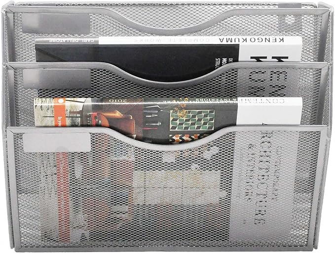 EASEPRES 3 Pocket Mesh Hanging Wall File Organizer, Wall Mounted Mail Paper Document Folder Holder, Clipboard Storage Organization Magazine Rack with Nametag Label for Office Home School, Silver