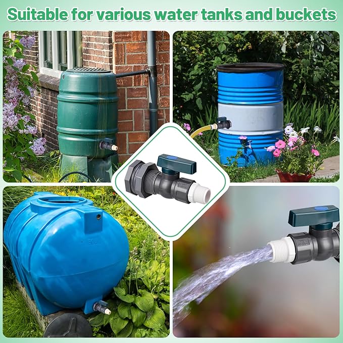 Easy Install Rain Barrel Spigot Kit - 3/4 Inch Rain Barrel Valve with Hose Faucet Adapter Thread Sealing Tape, Durable PVC Barrel Diverter Kit for Garden Barrels Water Tanks Aquariums