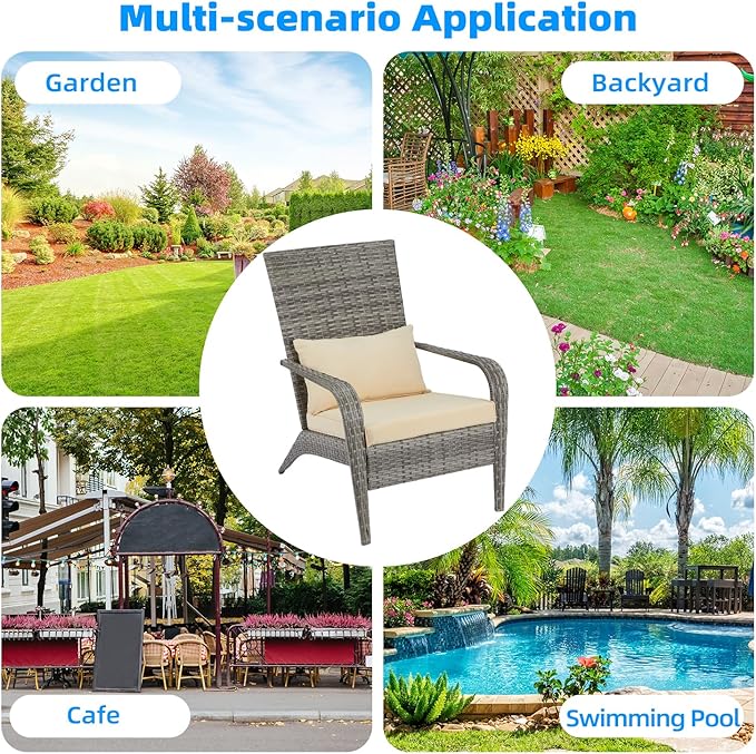 AECOJOY 2 Pieces Outdoor Wicker Patio Chairs, Outdoor Dining Adirondack Rattan Chair with Cushion and Pillow, All Weather High Back Rattan Wicker Patio Dining Chairs for Garden,Backyard,Porch,Grey