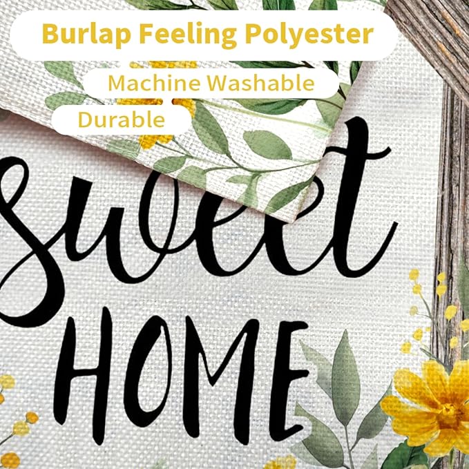 CROWNED BEAUTY Spring Home Sweet Home House Flag Eucalyptus Yellow Wildflowers Double Sided 28x40 Inches Large Burlap Welcome Holiday Seasonal Yard Decoration for Outside Porch
