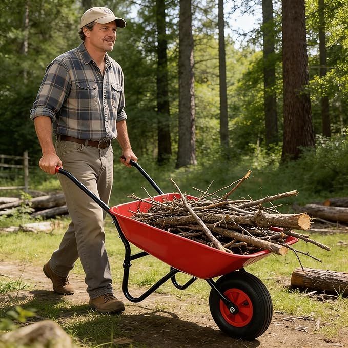 Steel Tray Wheelbarrow Heavy Duty Garden Cart with 12 Inch Pneumatic Wheel, 220lbs Capacity Lightweight Yard Cart Wheelbarrow for Landscaping, Residential Gardening, Red (Red)