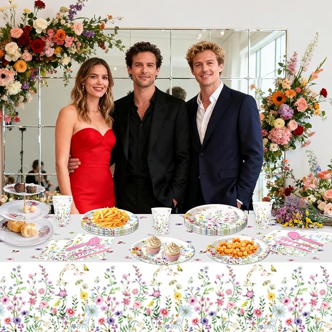 141Pcs Wildflower Party Decorations Garden Floral Themed Birthday Party Supplies with Plates Napkins Cups Knives Forks Straw Tablecloth Set for 20 Guests