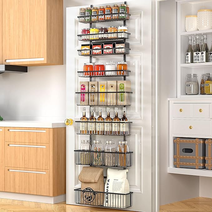 Moforoco Over The Door Pantry Organizer, Pantry Door Organizer Shelves, Kitchen Organizers and Storage, Hanging Basket Wall Spice Rack Seasoning Shelves, Laundry Room Bathroom accessories(Black