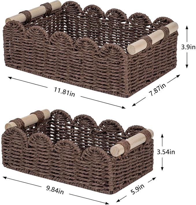 CubesLand Scalloped Toilet Paper Storage Basket for Over Toilet Shelves | Decorative Wicker Organizer Basket Perfect for Home Countertop Storage, Small Basket, Living Room Shelf Decor, Set 2 Brown