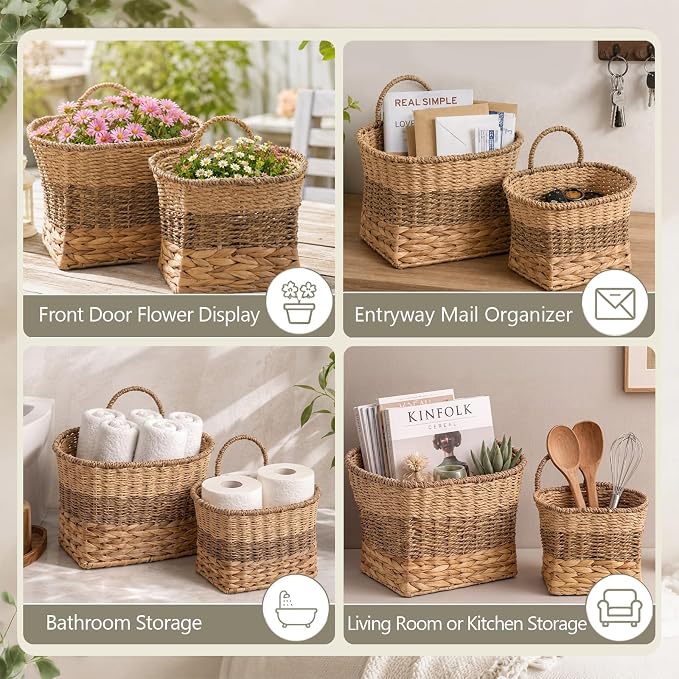 Set of 2 Handwoven Wicker Hanging Basket, Boho Style Layered Weave Hanging Wall Basket Decor, Natural Water Hyacinth Wall Mounted Storage for Farmhouse, Door, Entryway, Flower, Mail, Plant