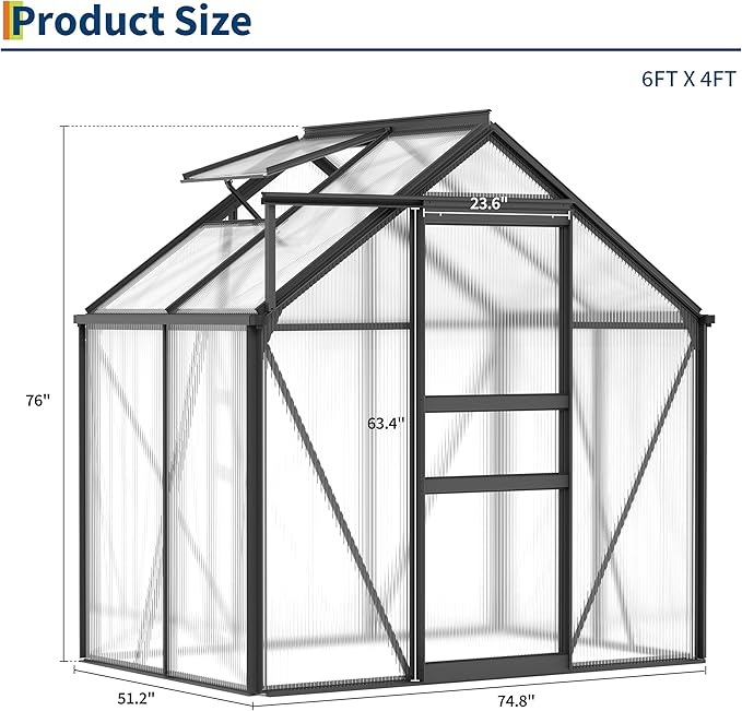 GarveeHome 6x4 FT Walk-in Polycarbonate Greenhouse - Heavy Duty Aluminum Frame with Base Kit, 4mm Double-Wall UV Protected Panels, 5-Position Adjustable Roof Vent & Sliding Door, Winter Plant House