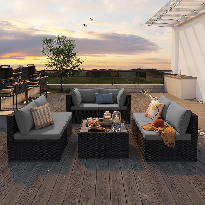 Qsun 7 Pieces Outdoor Patio Furniture Set, PE Rattan Outdoor Wicker Sectional Furniture Sofa Set, with Cushions and Glass Coffee Table, for Balcony, Porch, Garden, Grey
