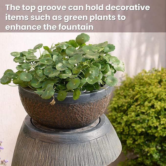 Sunlinua 31.9" S-Shaped Water Outdoor Fountain–Modern Cascading Waterfall Feature with LED Lights & Planter Bowl, Garden Fountains Outdoor for Patio, Balcony, Yard or Home Decor, Resin Waterfall