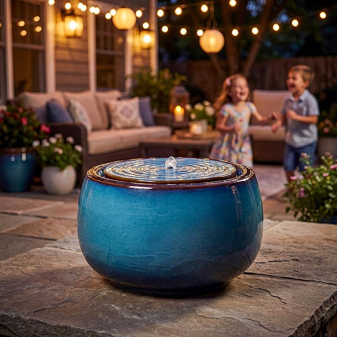 9-Inch Outdoor Water Fountain, Indoor Round Bubbler Water Feature with LED Light, Eastern Ceramic Waterfall Fountain, Classic Decor for Garden, Patio, Yard, Porch, Deck, Balcony in Blue