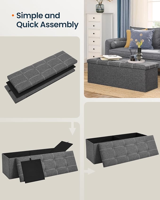 SONGMICS HOME Storage Ottoman, 35 Gallons End of Bench, 15.2 x 43.2 x 15.2 Inches, for Entryway, Living Room, Dark Gray