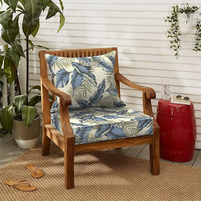 LVTXIII Outdoor Deep Seat Cushion 22"x22"x4" Patio Seat and Back Cushion Set Seasonal Chair Cushion for Dining Arm Chairs, Wicker Chairs and Garden Furniture Decoration, Lush Palm Blue