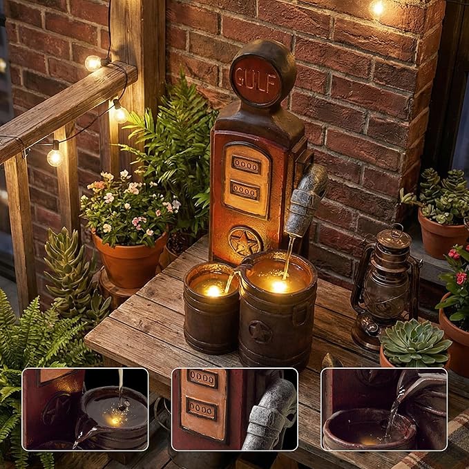 20-Inch Outdoor Water Fountain, 3-Tier Outdoor & Indoor Vintage Gas Pump Statue Resin Waterfall Fountain with 2 LED Lights, Home Decor for Patio, Garden, Backyard, Deck, Lawn, Porch in Red