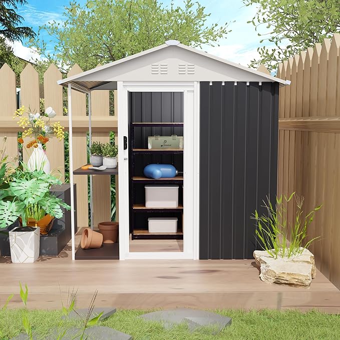 6'x4' Outdoor Storage Shed with External Rack AMD Shelves, Heavy Duty Metal 2-in-1 Garden Tool Buliding Shed with 1.3'x3.7' Open Side Storage Area for Bike, Lawn, Patio, Backyard