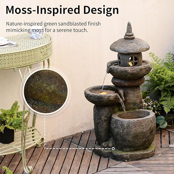 Tankana 32 inches Water Fountain Outdoor Pagoda Japaness Zen Water Fountains Garden Patio Freestanding Water Feature with LED Lights for Backyard Deck Porch Home Decor, Gray