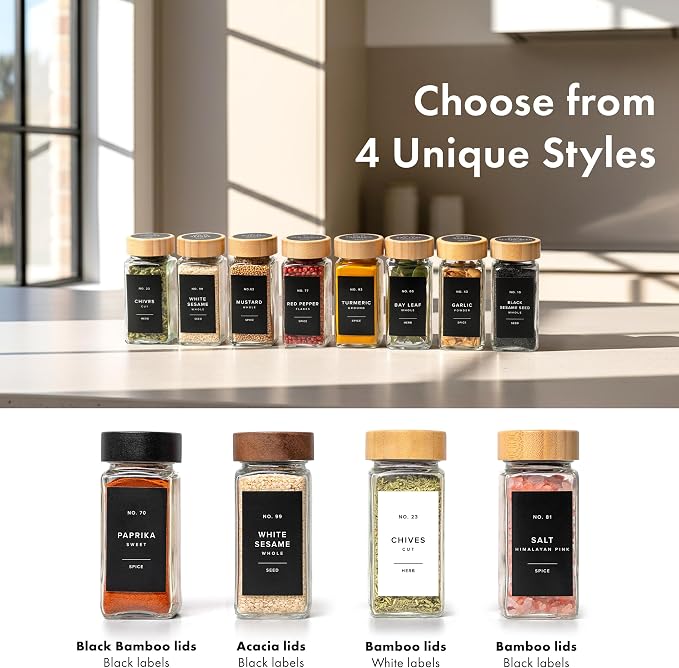 EDELHAUS Glass Spice Jars with Label, 24x Bamboo Wooden Lids - Black Labels | Airtight Lids keep spices fresh, Kitchen Spice Drawer Organizer, 4oz Seasoning Containers incl. Funnel, Brush & 240 Labels