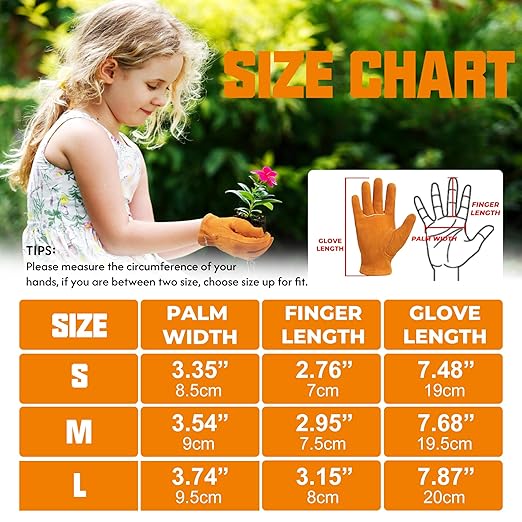 HANDLANDY 2 Pairs Kids Genuine Leather Gardening Gloves for age 2-9, Children Work Gloves for Boys, Girls, Toddlers (Orange, M)
