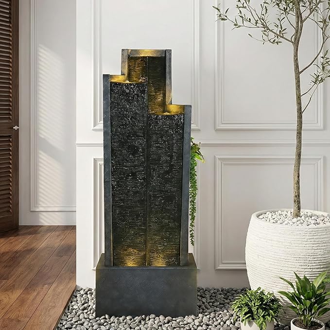 Sunlinua 49.6H Modern Outdoor Water Fountain with LED Light Garden Cascading Waterfall Feature for Indoor or Outdoor Cascading Waterfall for Relaxing Garden Patio Backyard Porch or Home Décor