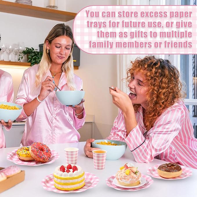 Funnymoom 400 Pcs Gingham Party Supplies for 50 Guests Pink and White Paper Plates and Napkins Knives Spoon Fork Cup Disposable Checkered Dinner Party Set Cutlery for Baby Shower Wedding Favor