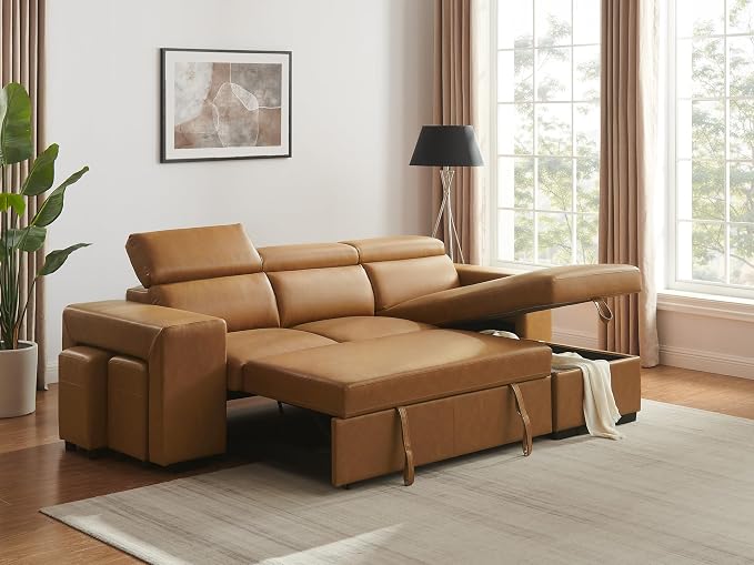 102'' Brown Leather L Shaped Sectional Sleeper Sofa with Pull Out Bed