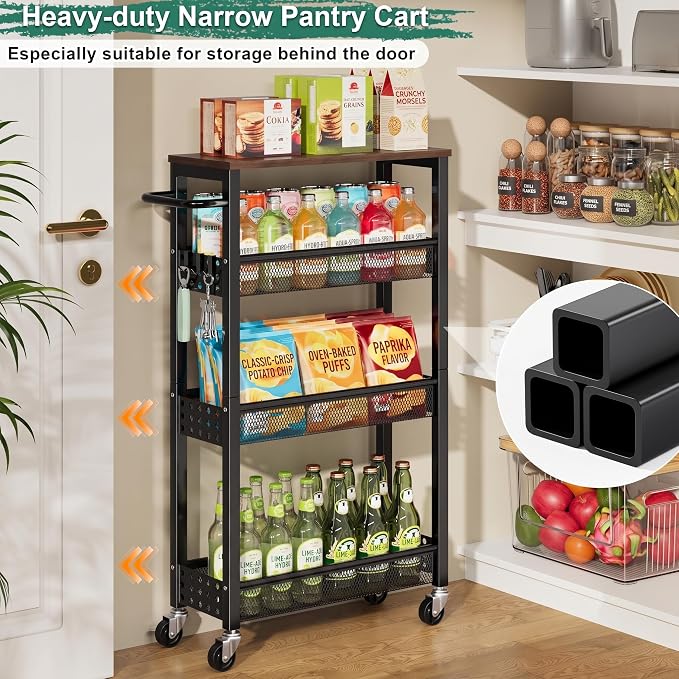 Laundry Room Slim Rolling Cart with Wheels for Between Washer and Dryer Gap | Utility Slim Storage Cart with Table Top, Small Laundry Organizers and Storage Shelves, Thin Shelf for Narrow Spaces, 4 Tier